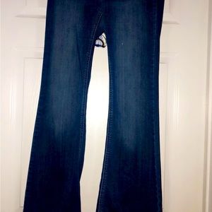 Bellbottom blue jeans.